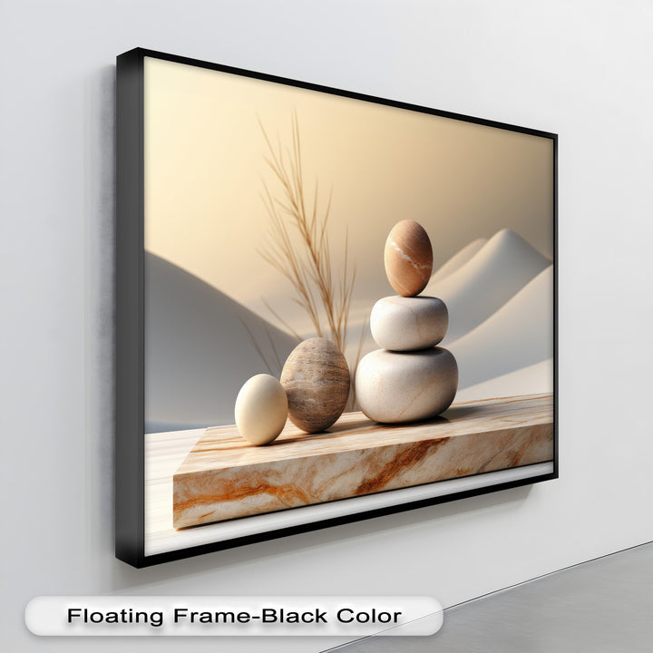 A minimalist zen stone balance with smooth eggs on a marble slab, set against desert dunes, ideal for high quality canvas prints.