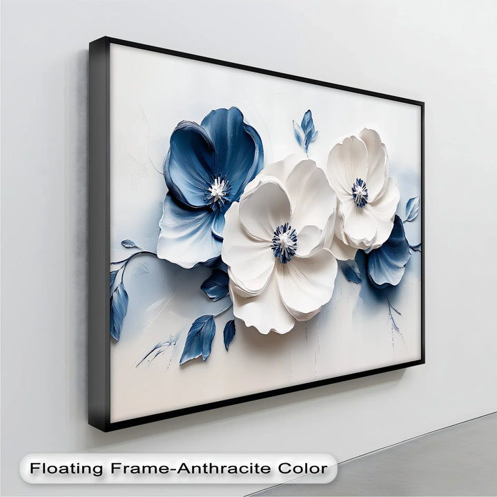 Blue Serenity Blooms – White and Navy Floral Canvas Wall Art - MyPhotoStation