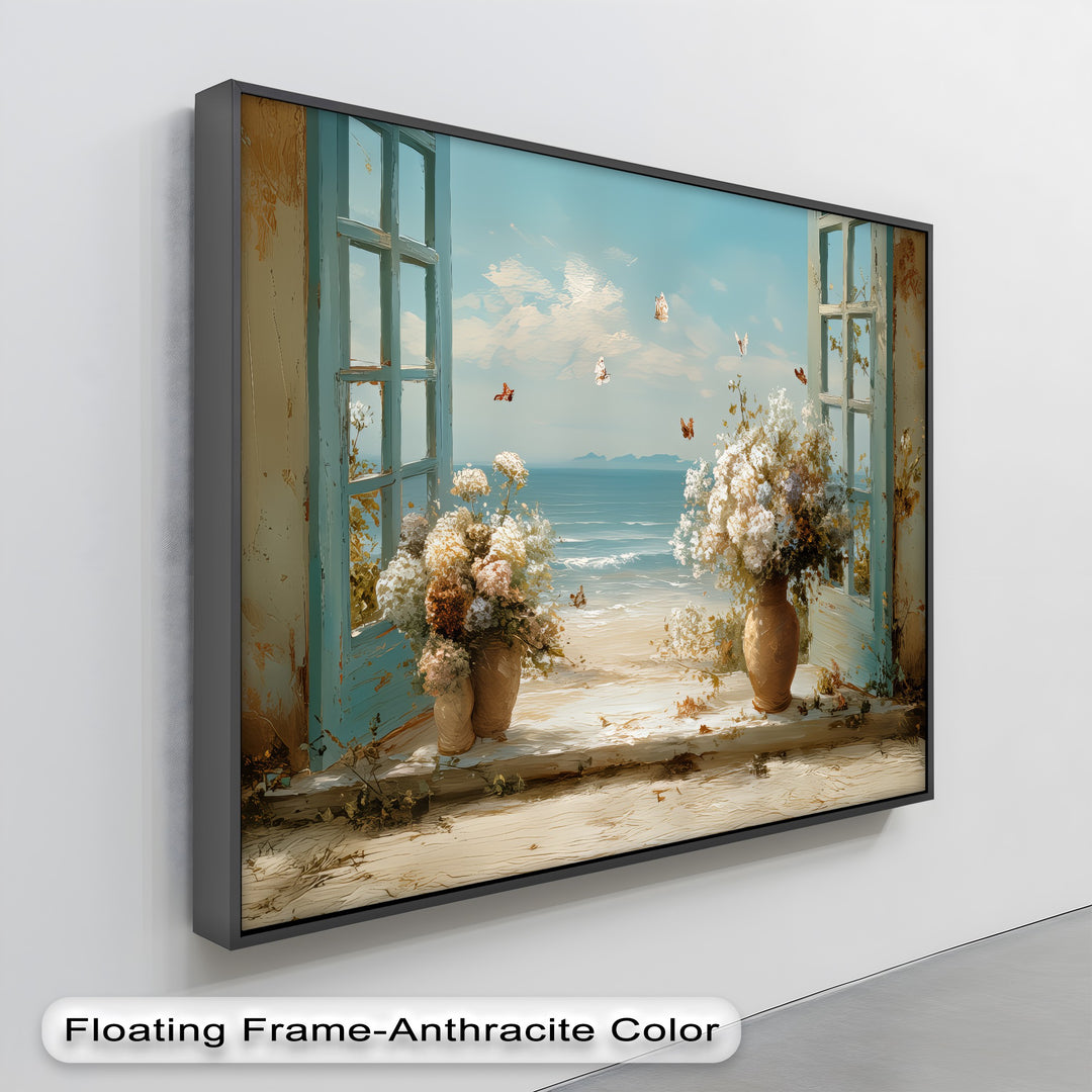 Seaside Breeze Through Blue Shutters – Coastal Floral Canvas Print
