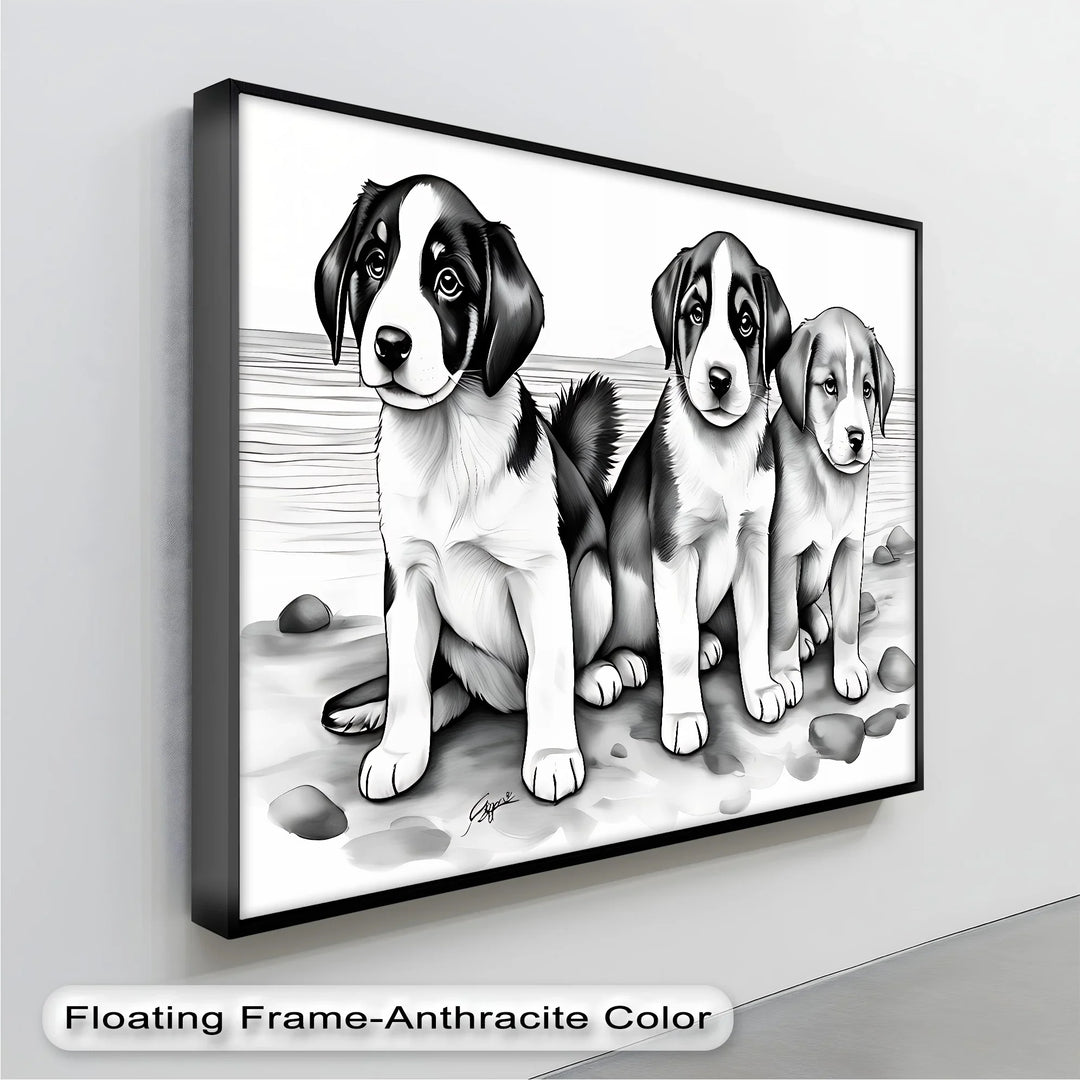 Seaside Trio – Monochrome Puppy Portrait at the Shore Canvas Print - MyPhotoStation