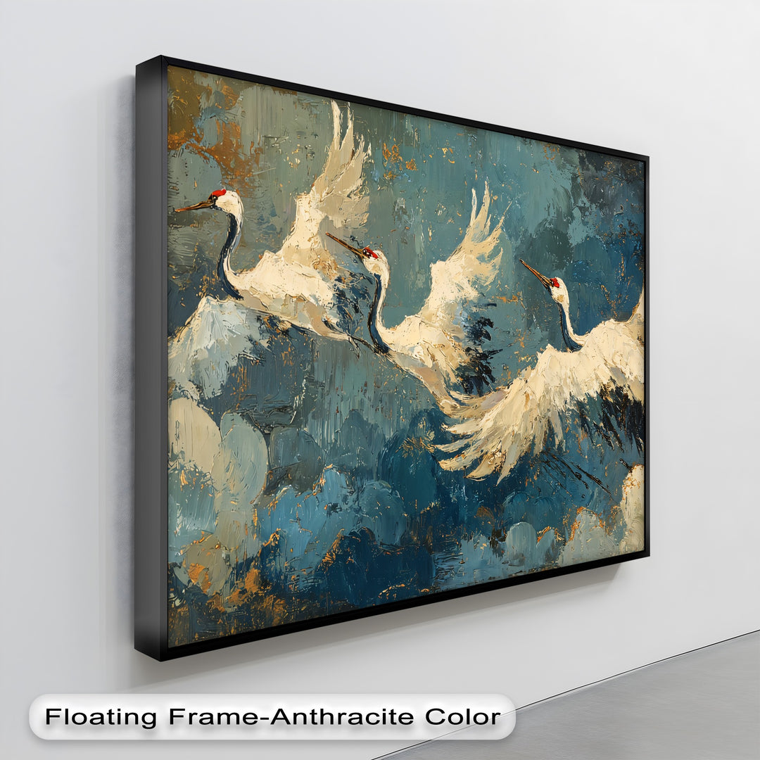 Flowing forms define the elegant abstract bird canvas painting, with textured strokes capturing the grace of white cranes in flight as a striking canvas painting.