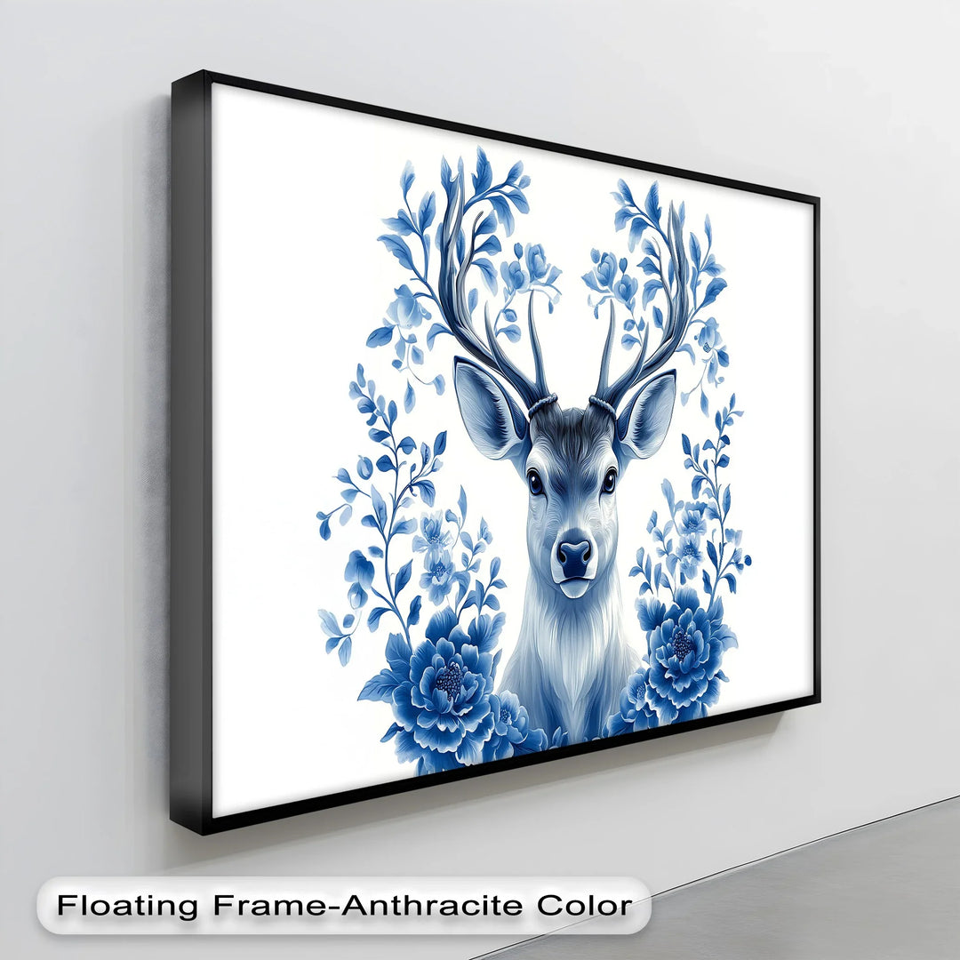 Floral-Antlered Deer in Blue – Nature-Inspired Canvas Print - MyPhotoStation