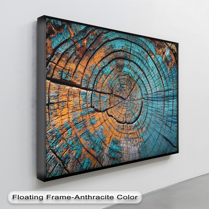 Rings of turquoise and amber define the central subject in this abstract wood pattern, providing a unique canvas print with rustic texture.
