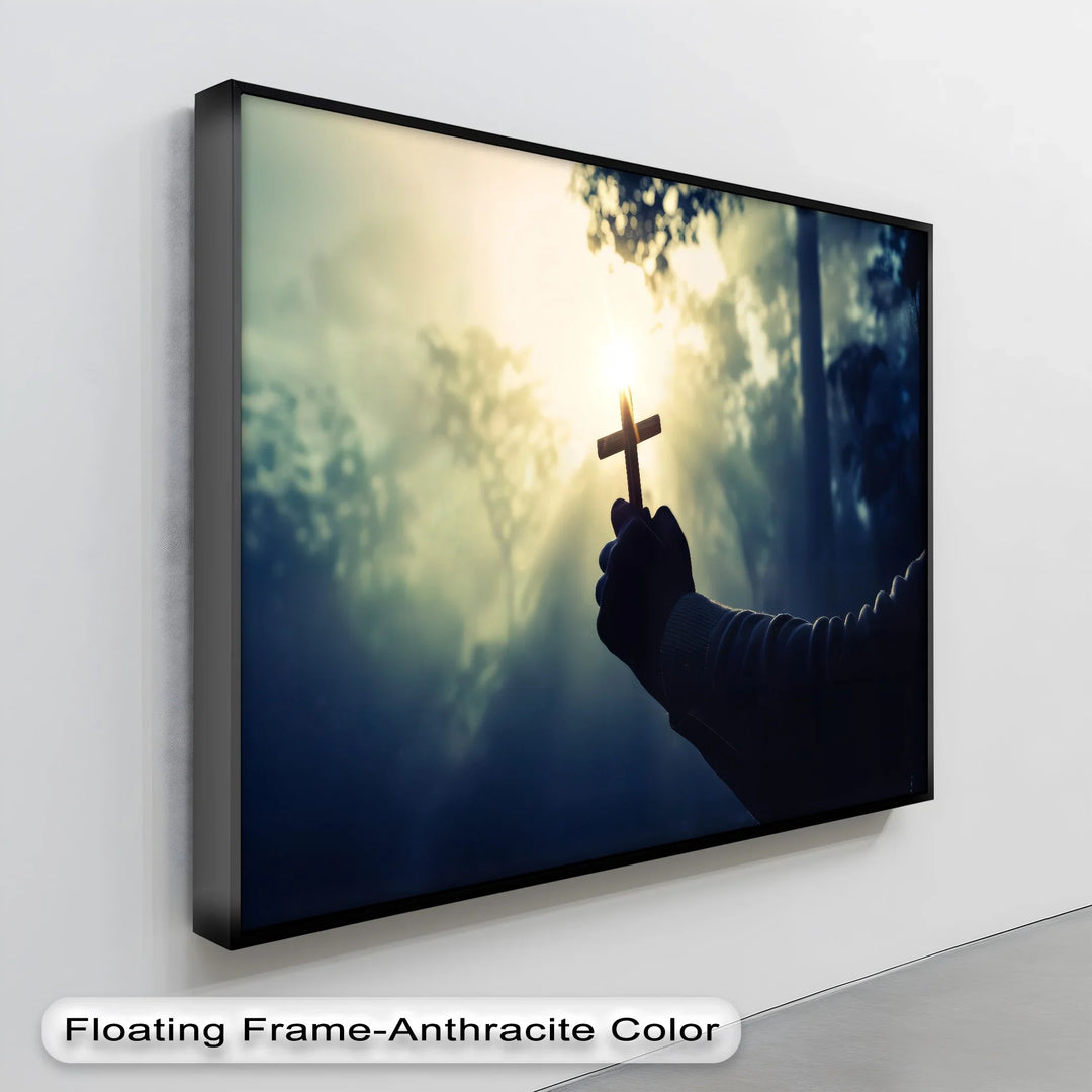 Faith in the Light – Hand Holding Cross in Sunrise Canvas Print