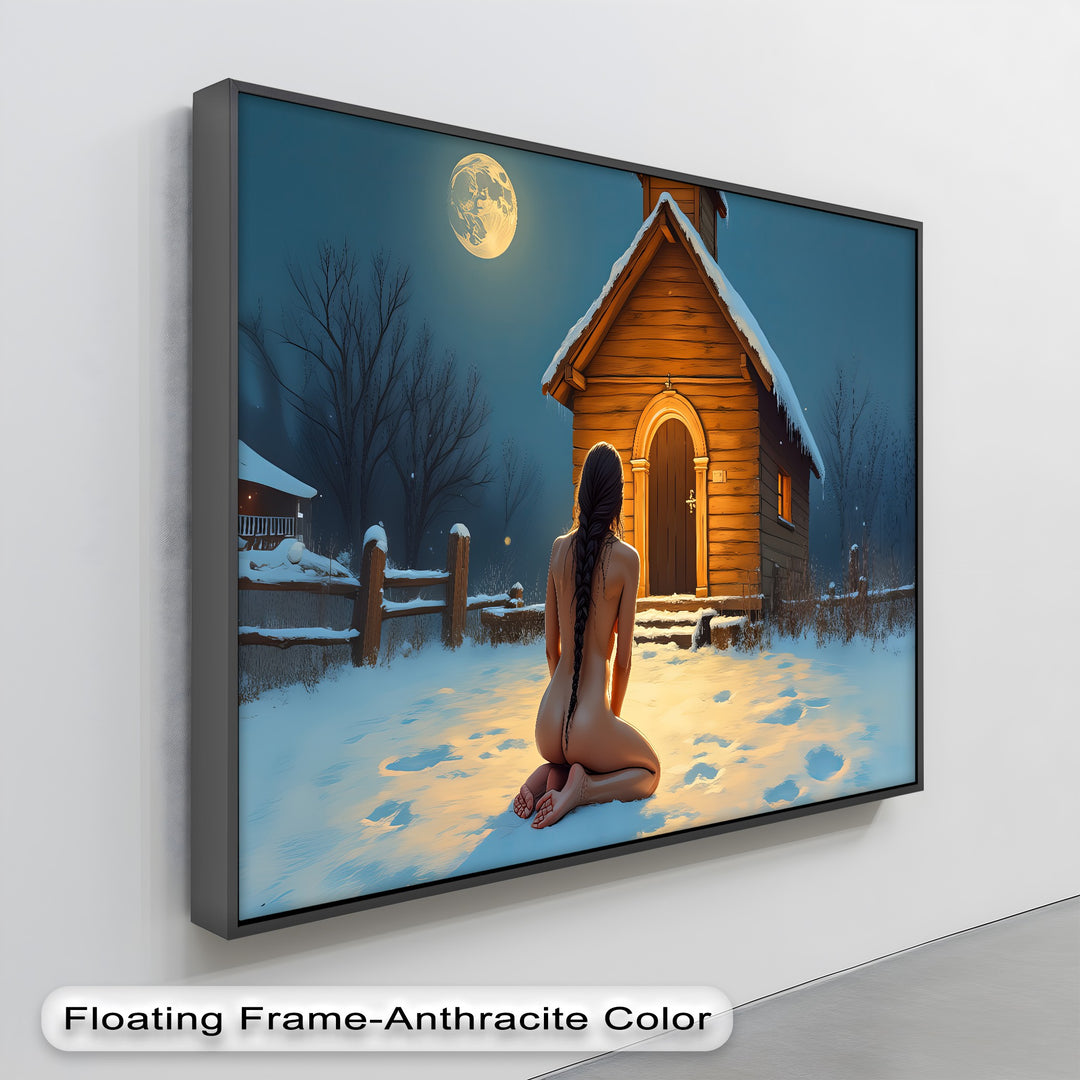 Moonlit Prayer – Sensual Nude in Snowy Night Erotic Canvas Print | Framed Art