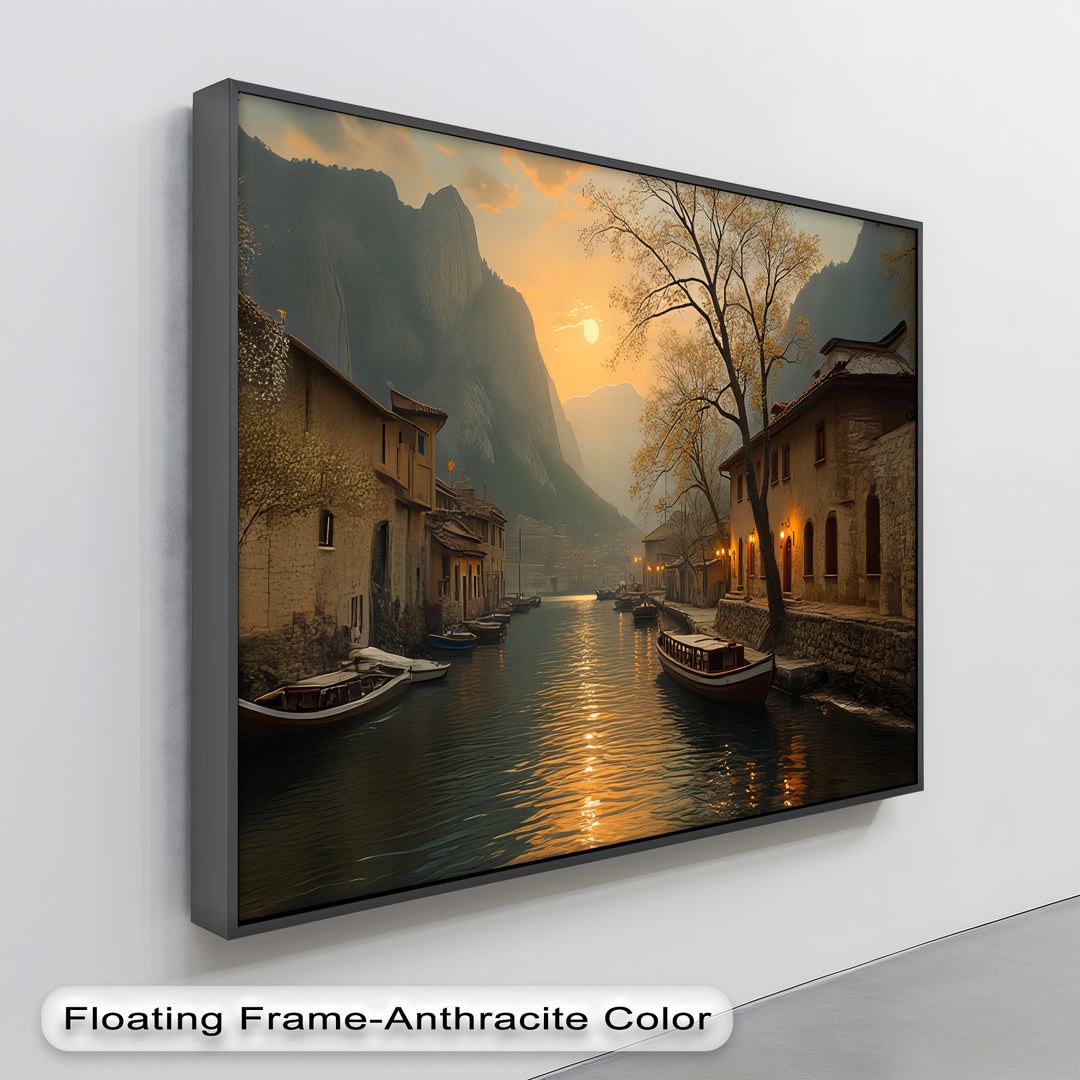 Sunset Canal Serenity – Lakeside Village Canvas Wall Art | Canvas Artwork