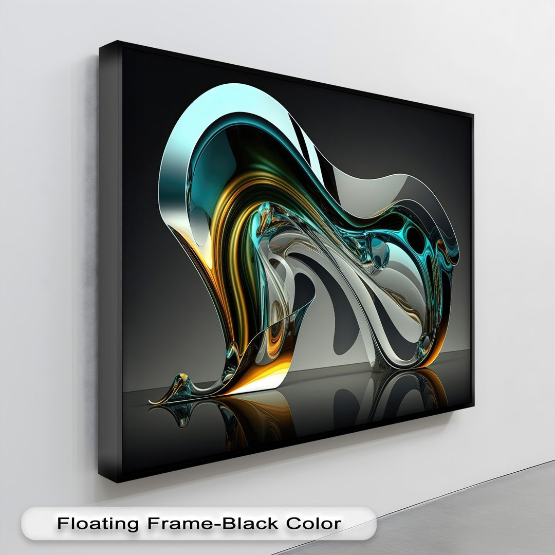 Fluid transitions of aqua, gold, and silver glass flow within this modern luxury abstract canvas wall decor.