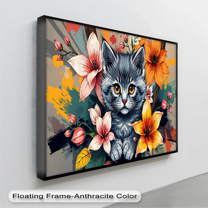 Bloom Burst – Gray Kitten with Vibrant Florals Cat Canvas Print - MyPhotoStation