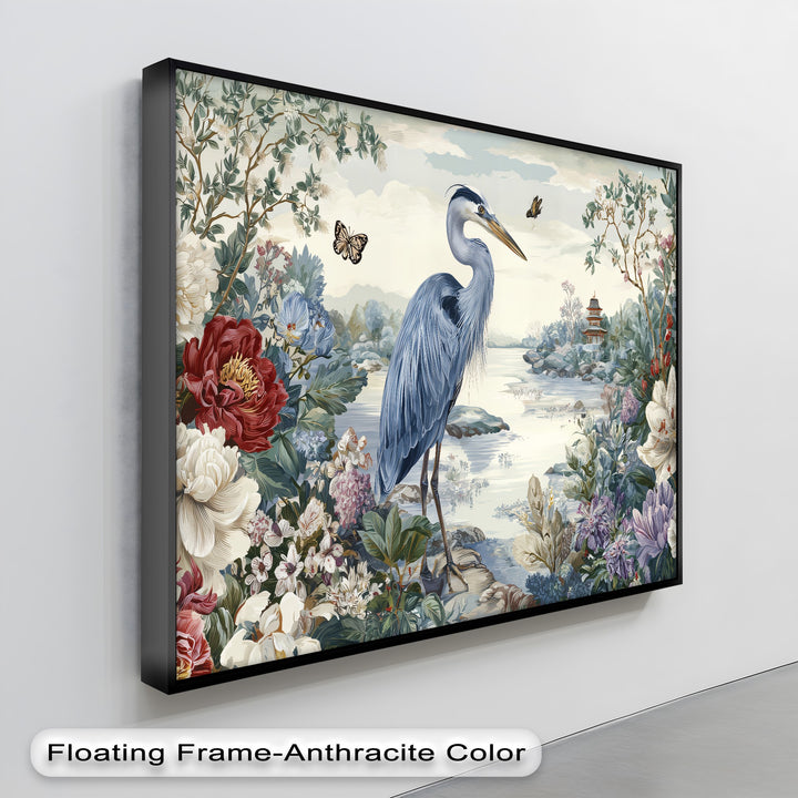 Highlighting the canvas wall decor, the garden scene's center shimmers with light, accentuating the elegant heron canvas print amid floral art.