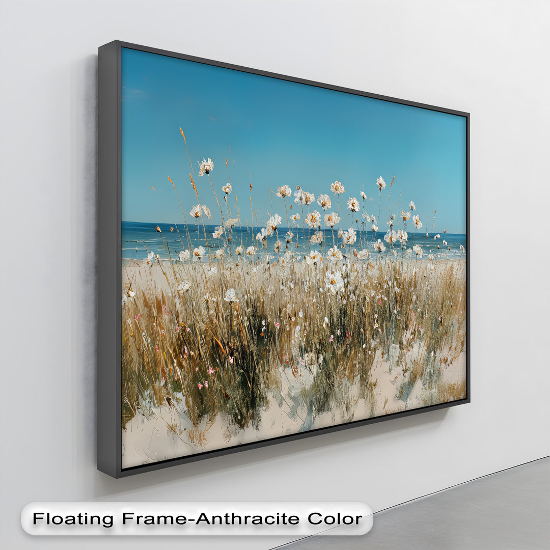 Seaside Serenity – White Wildflowers by the Shore Canvas Print