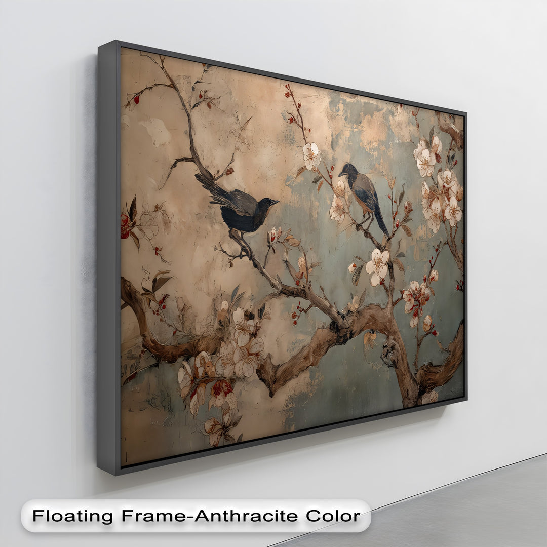 Vintage Cherry Blossom Bird Mural Botanical Canvas Art | Large Canvas