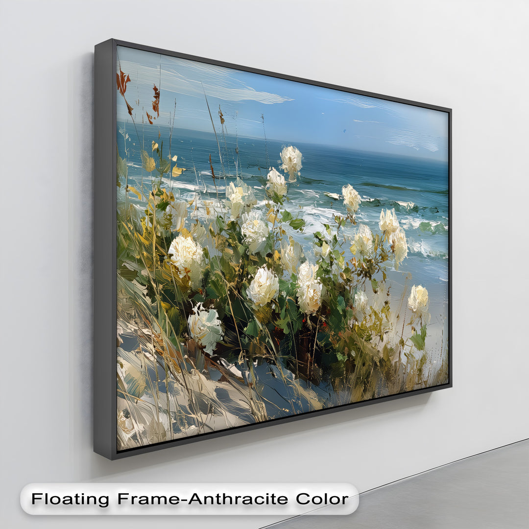 Whispers of the Dunes – White Roses by the Sea Canvas Print