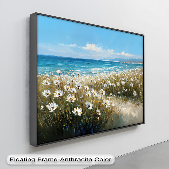Whispers of the Coast – Daisy Field by the Ocean Canvas Print