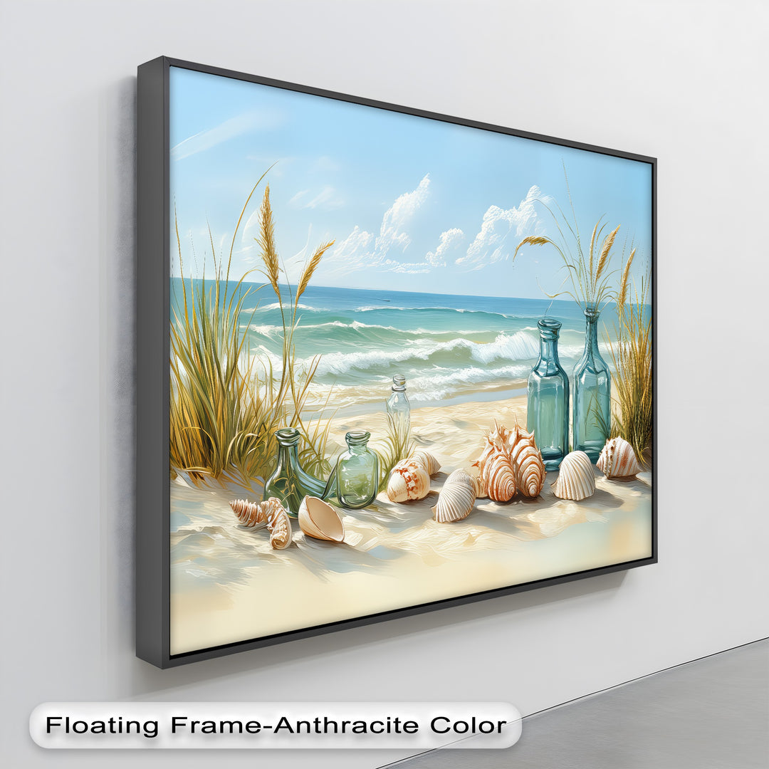Whispers of the Shore – Seashells and Glass Bottles Coastal Canvas Print