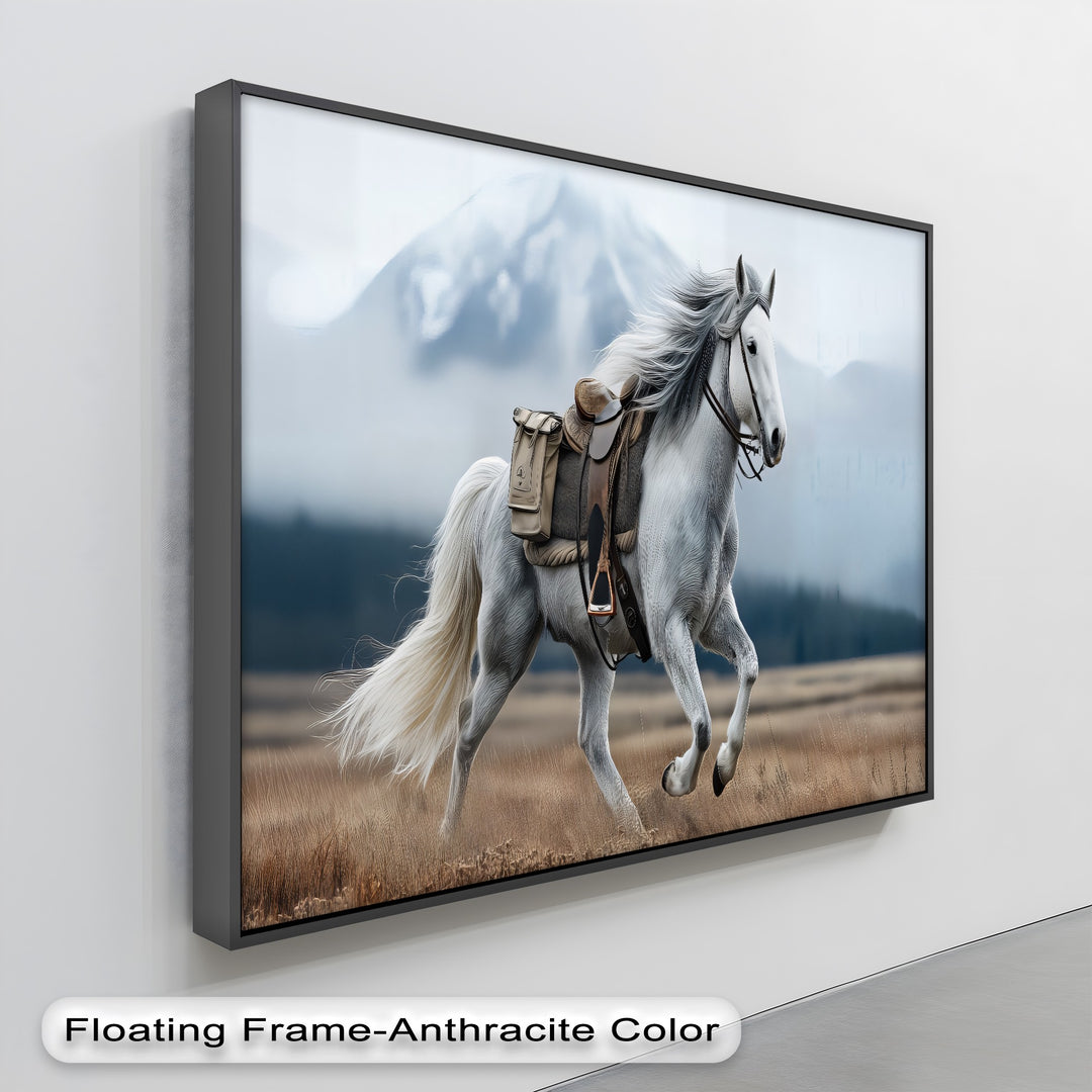 Gallop in the Mist – White Horse with Saddle Canvas Print
