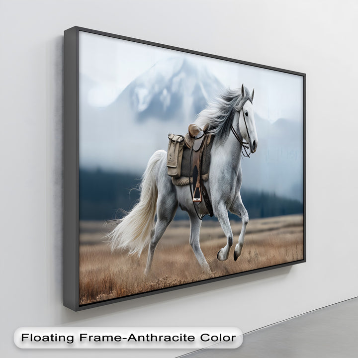 Gallop in the Mist – White Horse with Saddle Canvas Print