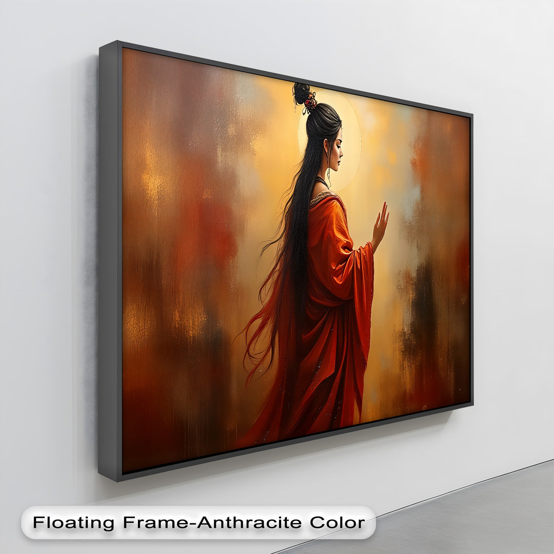 Radiant Serenity – Oriental Woman in Red Canvas Wall Art | Framed Art