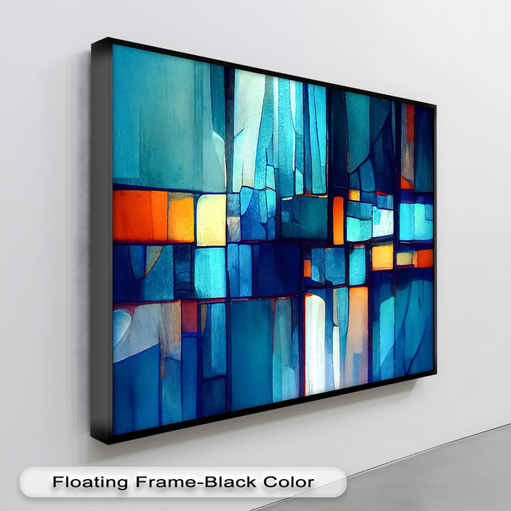 A unique canvas print shows subtle surface texture on modern blue mosaic abstract wall art with vibrant, stained glass-inspired geometric blocks.