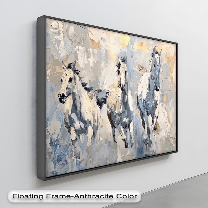 Frozen Gallop – Trio of White Horses in Winter Tones Canvas Print