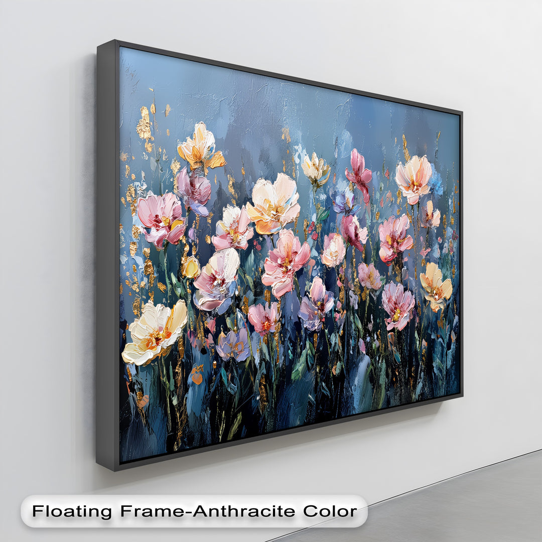 Twilight Bloom – Elegant Garden Flowers on Blue Canvas Print