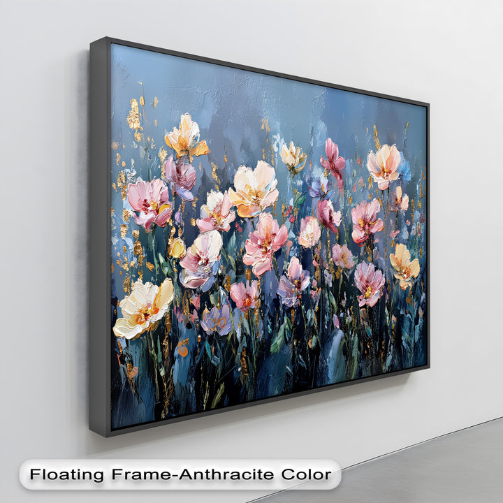 Twilight Bloom – Elegant Garden Flowers on Blue Canvas Print