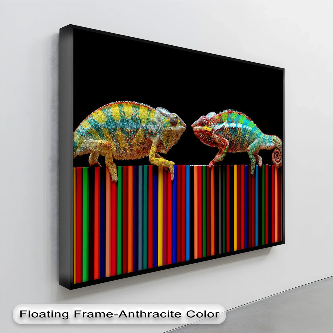 Color Clash – Vibrant Chameleon Duo on Pencils Canvas Print - MyPhotoStation