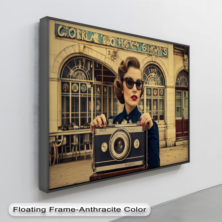 Retro Portrait with Giant Camera – Vintage Glamour Canvas Print