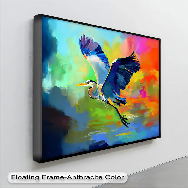 Freedom in Flight – expressive heron art print on vibrant canvas background.

