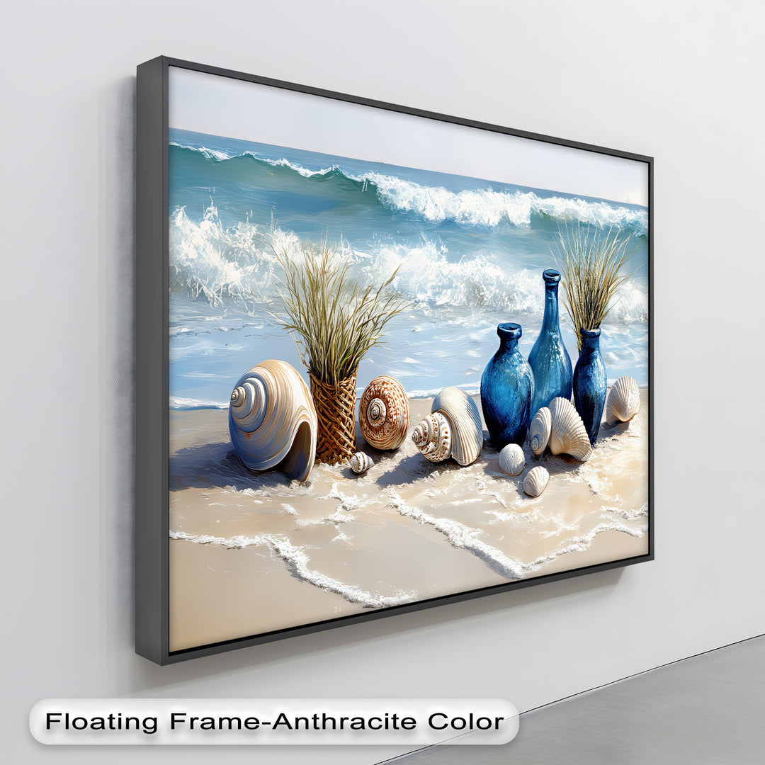 Coastal Calm – Seashells and Blue Vases Beach Scene Canvas Print