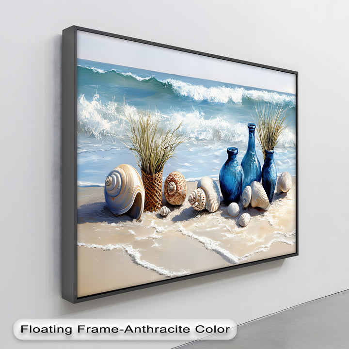 Coastal Calm – Seashells and Blue Vases Beach Scene Canvas Print