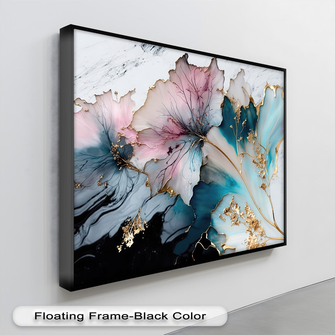 The delicate, flowing pastel pink and aqua elements of this luxury abstract flower canvas art evoke a gentle elegance.