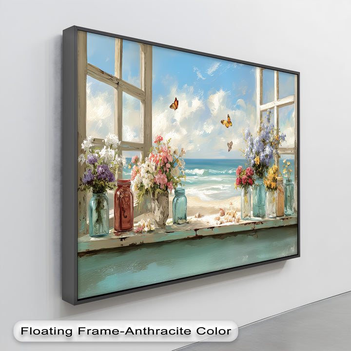 Butterflies by the Shore – Seaside Window Flowers Canvas Print
