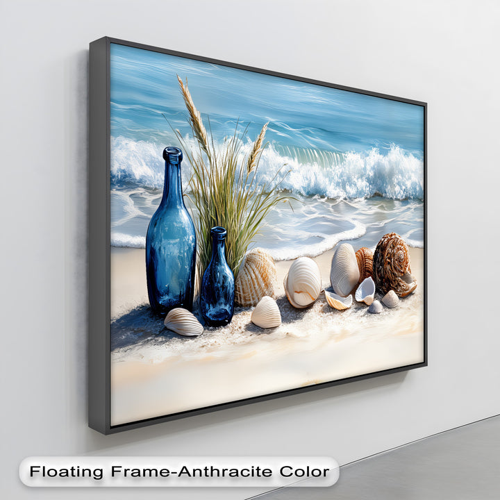 Blue Bottles and Seashells on Seashore - Canvas Print