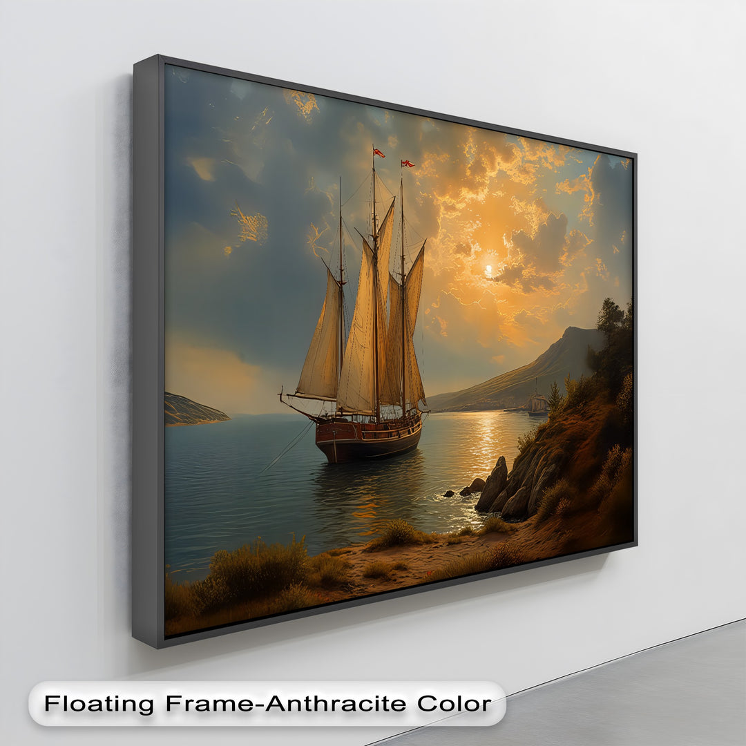 Golden Horizon Voyage – Sailing Ship Sunset Canvas Wall Art | Framed Art