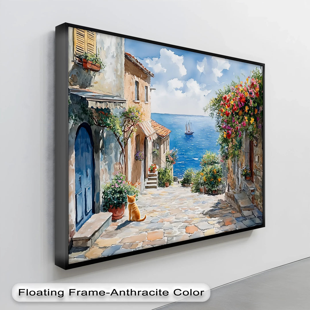 Mediterranean Daydream – Seaside Street with Cat Canvas Print - MyPhotoStation