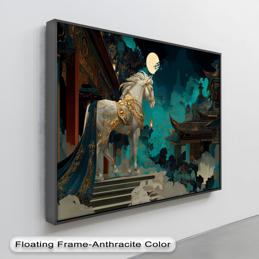 Moonlit Majesty – White Horse in Royal Gold Armor Canvas Print