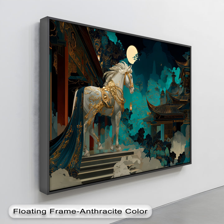 Moonlit Majesty – White Horse in Royal Gold Armor Canvas Print