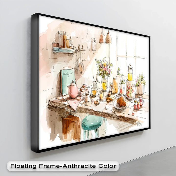 Cozy French Breakfast Table – Watercolor Kitchen Scene Canvas Print - MyPhotoStation