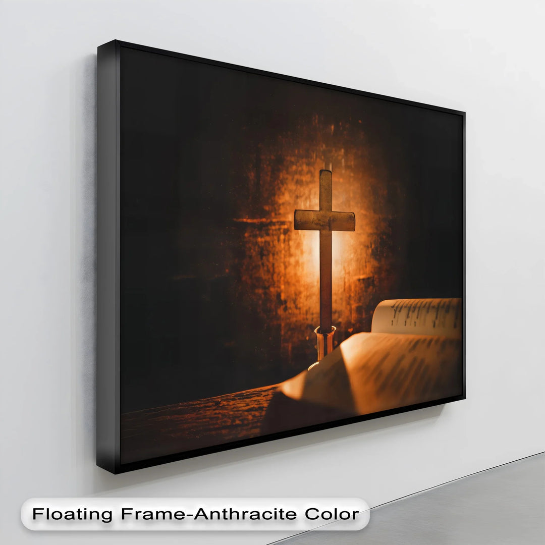 Sacred Glow – Cross and Bible in Candlelight Canvas Print