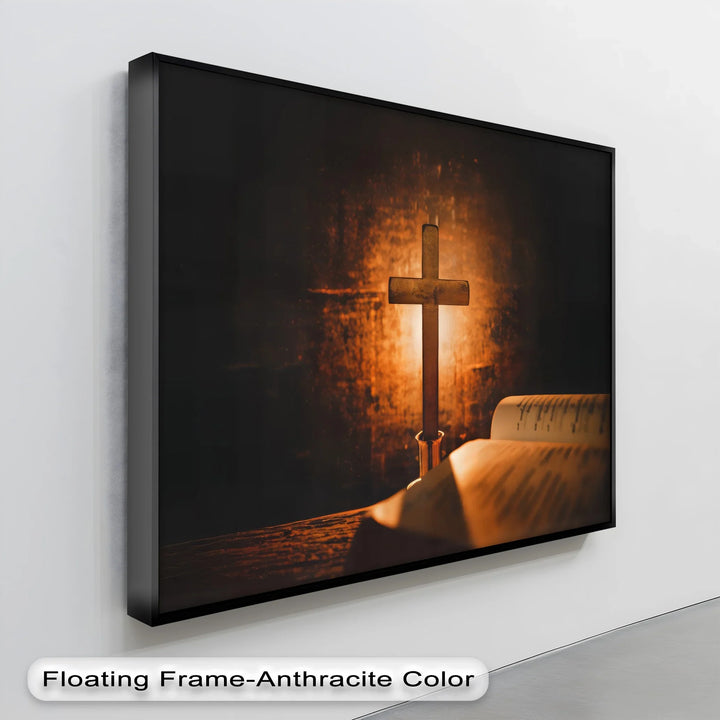 Sacred Glow – Cross and Bible in Candlelight Canvas Print