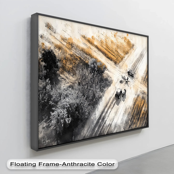 Aerial Tractor Scene in Ink & Ochre – Car Canvas Print