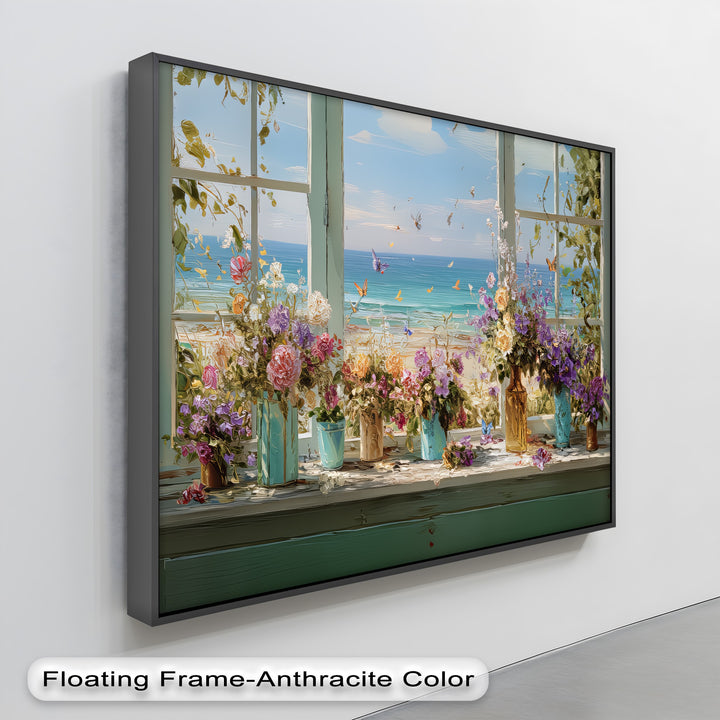 Seaside Bloom – Coastal View with Flowers and Butterflies Canvas Print