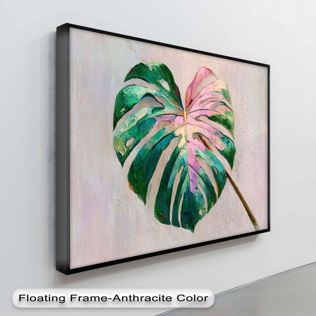 Textured surface texture enhances the botanical design of this pink monstera leaf canvas print, showcasing high quality canvas prints that add depth to modern tropical wall art.
