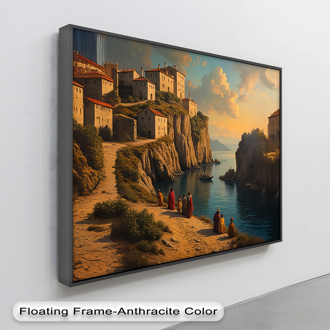 Clifftop Village Serenity – Coastal Sunset Canvas Wall Art | Large Canvas Art