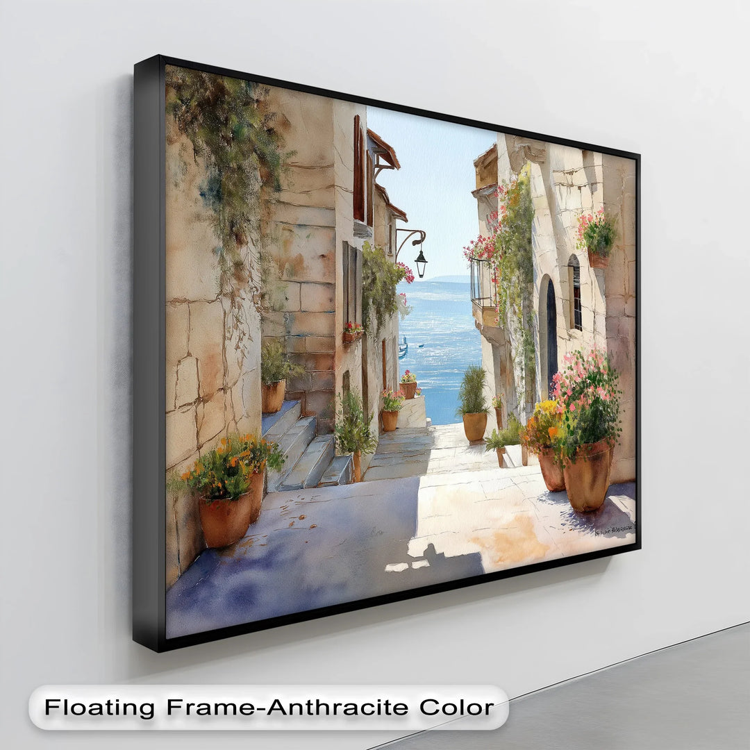 Sunlit Coastal Alley with Sea View – Canvas Print - MyPhotoStation