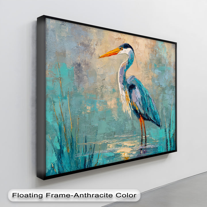 Dramatic color contrast defines this blue heron abstract canvas print, a striking piece of canvas wall decor showcasing vivid blues against a muted, textured background.