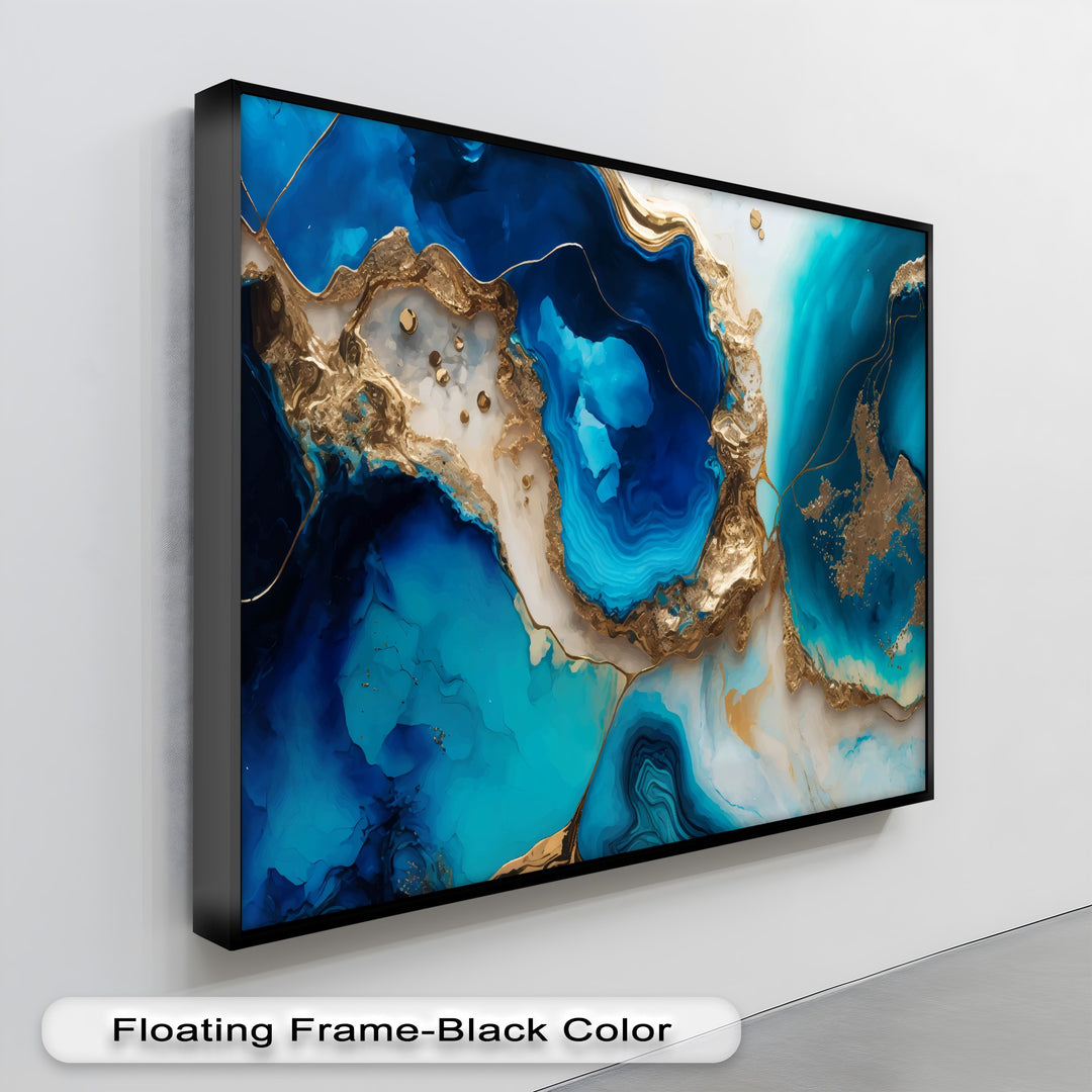 The cool color temperature of this blue and gold agate luxury abstract hanging canvas showcases vibrant deep blues and glistening gold swirls.