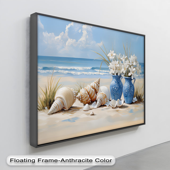 Coastal Serenity – Seashells and Blue Vases Canvas Print