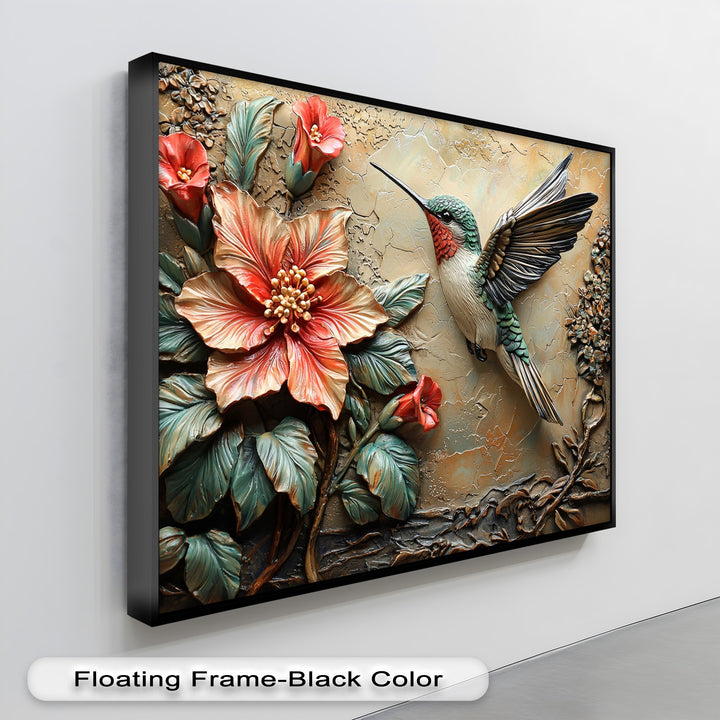The intricate 3D style canvas art showcases a vivid transition from coral flowers to verdant teal leaves and a vibrant hummingbird.