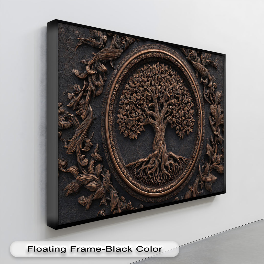 Intricate depth and layers are evident in this bronze Tree of Life canvas art, featuring detailed roots and ornate botanical wall art.